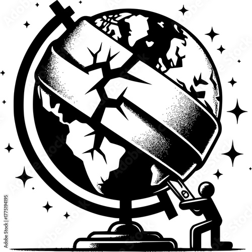 World in Disrepair: A powerful visual commentary depicts a world in crisis, represented by a damaged globe being precariously held together.