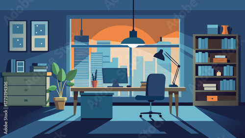 Office room with furniture at sunset