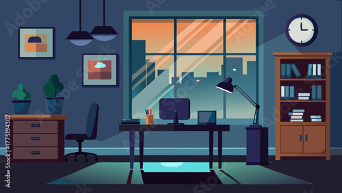 Night office room with furniture