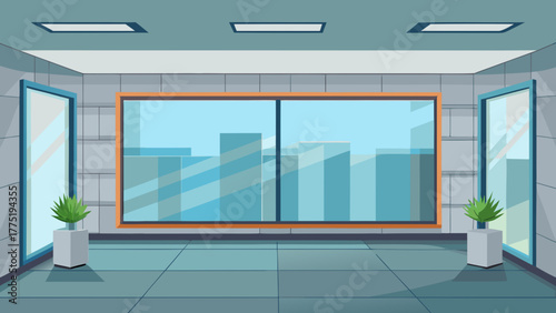 Empty office room with city view window