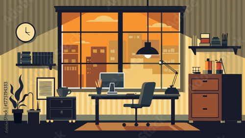 Cozy home office with city view at sunset