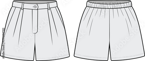 Kids pleated shorts flat sketch, vector cad template, front back view, button fly, elastic waistband, tailored children shorts