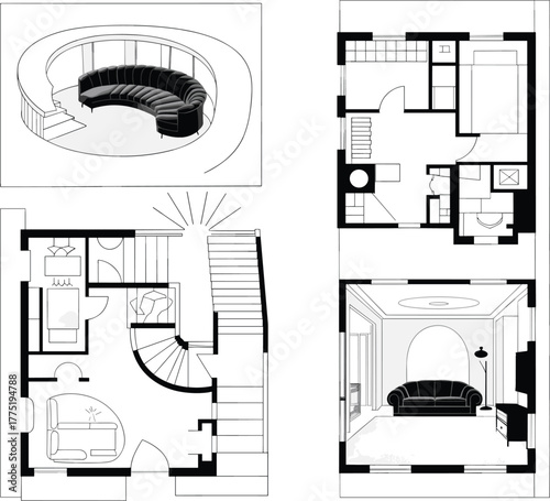 Interior house floor plan with furniture, architectural layout, modern home blueprint drawing, sectional view, black and white design illustration
