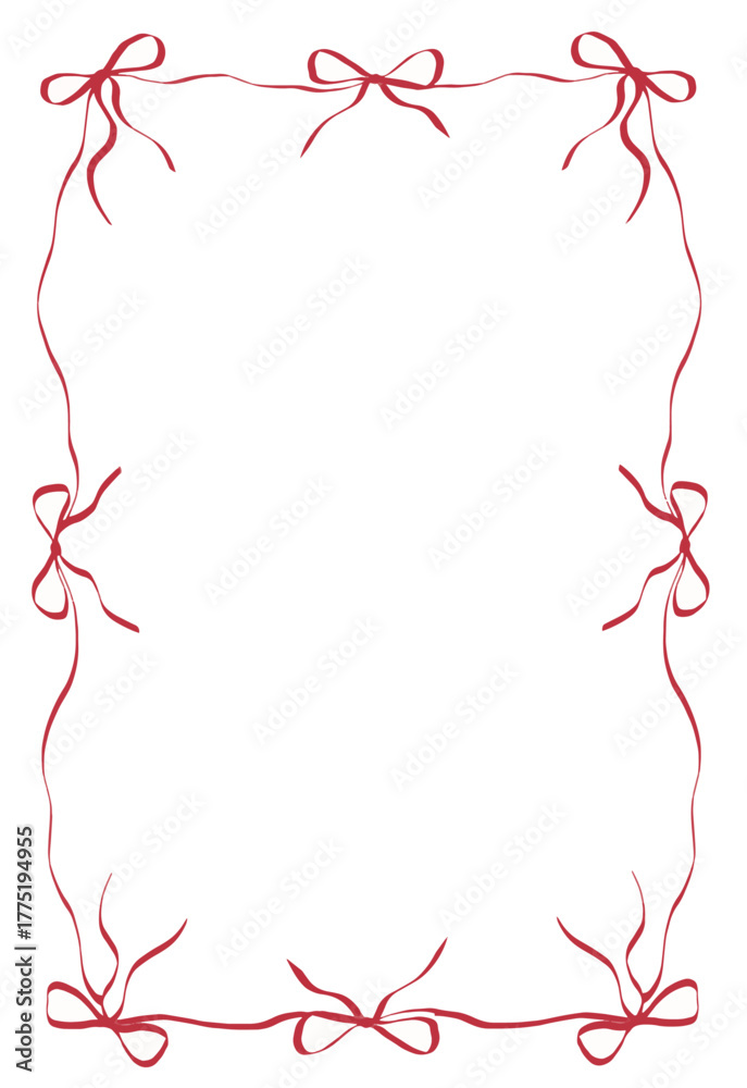 Obraz premium Elegant vector frame made of delicate red ribbon bows. Minimalist hand-drawn border design perfect for greeting cards, invitations, romantic decoration, packaging, or wedding stationery.
