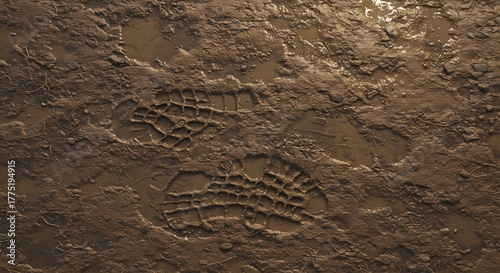 Muddy ground shows two clear shoe prints partially filled with water Texture includes small rocks and scattered twigs
