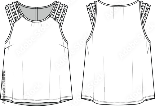 Women’s strappy sleeveless top flat sketch, front and back technical fashion drawing, stylish summer blouse, CAD vector template