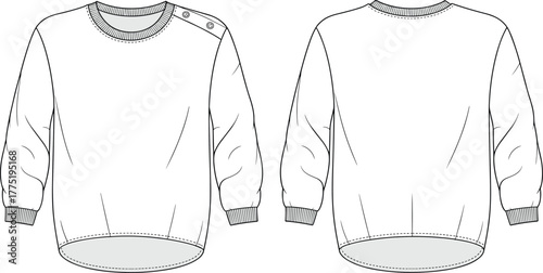 Kids sweatshirt flat sketch with shoulder buttons and high-low hem – technical fashion illustration for children’s winter top