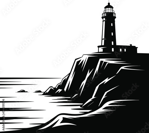 Lighthouse silhouette on a rocky cliff isolated on white background