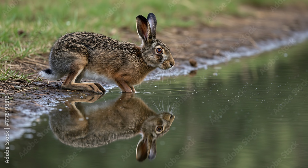 Obraz premium A wild hare cautiously drinks from a calm body of water, observing its reflection with intent