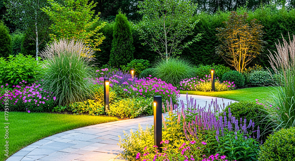Obraz premium A winding garden path surrounded by colorful flowers, shrubs, and illuminated by subtle landscape lighting during evening.