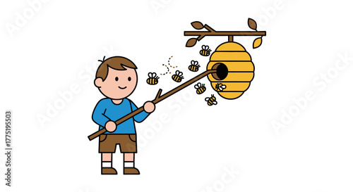 Illustrated mischievous boy pokes a beehive with a stick causing bees to swarm from their nest
