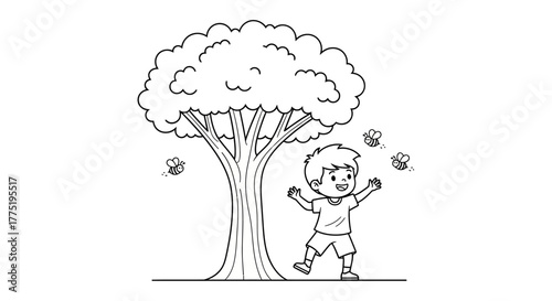 Cartoon illustration featuring a boy interacting with bees near a tree in springtime showing a