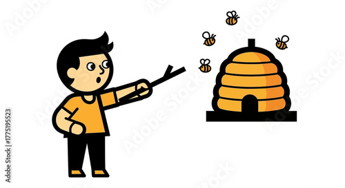 A Cartoon Man Provokes a Beehive with a Stick, Resulting in an Alarming Situation