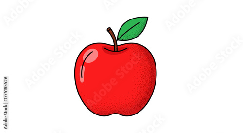 Illustration of a bright red apple with stem and leaf on a clean white background