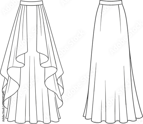 High low ruffle hem skirt, front and back view, flared silhouette, detailed line art, cad drawing flat vector illustration