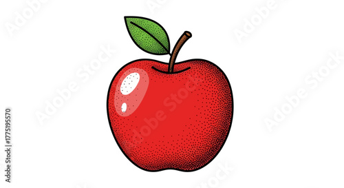 Illustration of a textured red apple with a green leaf and brown stem on white background