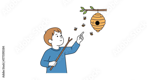 Illustrative cartoon of a young boy poking a beehive with a stick outdoors during the day