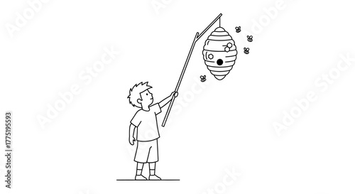 Whimsical illustration of a curious boy poking a beehive with a stick in playful mischief