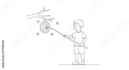 Illustration of a young boy poking a beehive with a stick on a tree branch scene