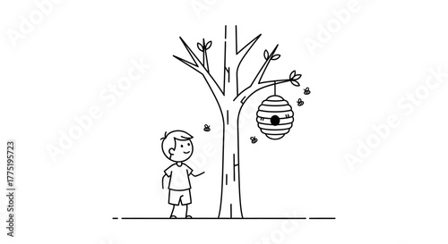 Simple line illustration of a boy looking at a beehive hanging from a tree