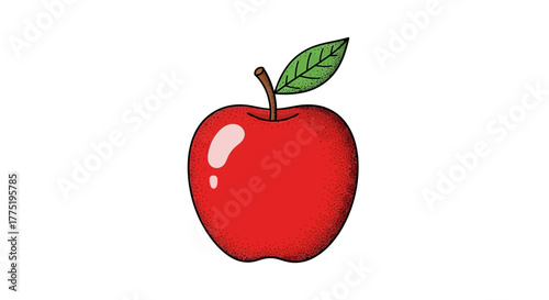 Hand-drawn style red apple with a green leaf illustration on a white background