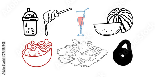 Delicious food and drink illustrations for your recipe blog or healthy eating guide, featuring watermelon, avocado, boba tea, and tasty salads