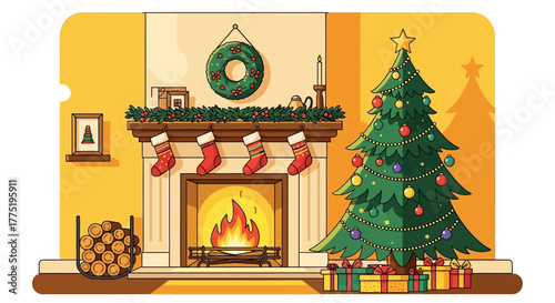 Experience the warmth of the holidays with a cozy fireplace and beautifully decorated Christmas tree, perfect for festive greetings and winter marketing campaigns.