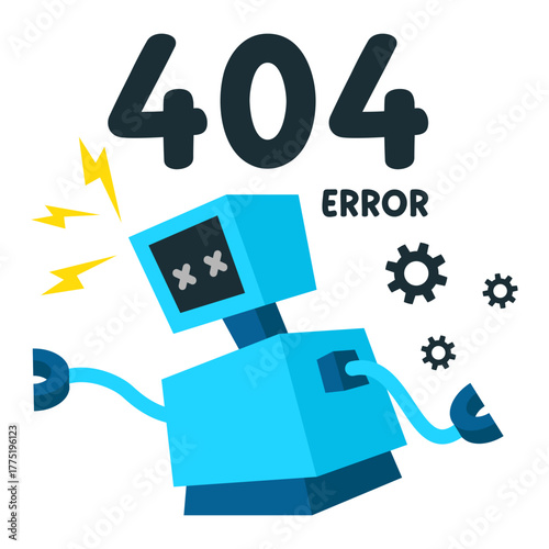 Cartoon Simple Robot Error 404 Concept with Gear Icon Illustration