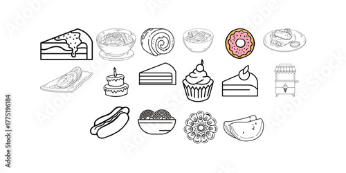 Delicious food icons collection with sweets, desserts and snacks for menu design, bakery, restaurant or cafe projects, tasty treats illustration