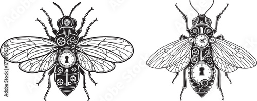 Two detailed insect silhouettes with wings spread silhouette