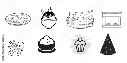 Enjoy delicious meal icons for your food app or restaurant website, featuring everything from savory dishes to sweet treats, all in a modern, clean design