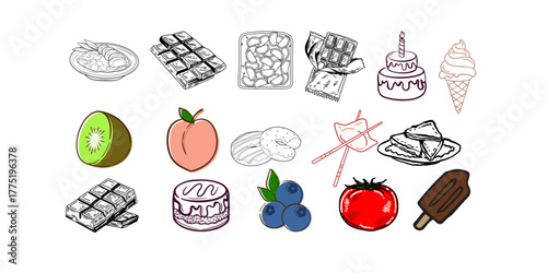 Delicious food illustration set for menu designs, vibrant fruit and dessert icons, perfect for culinary projects and sweet treat promotions