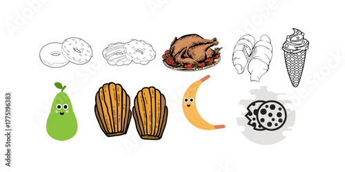 Delightful food icons featuring sweet treats, healthy fruit, and savory turkey for fun designs or culinary projects, perfect for stickers or menus