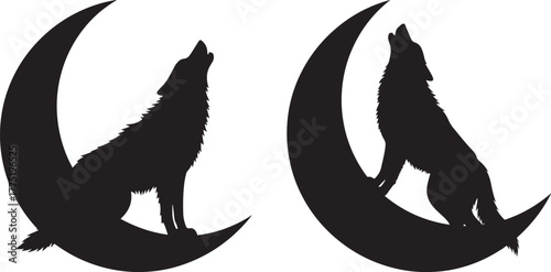 Two wolves howling at the moon silhouette