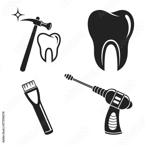 Dental care set with tooth, drill, hammer, brush