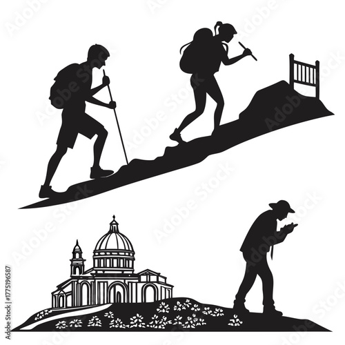 Silhouette of hikers climbing a mountain with church