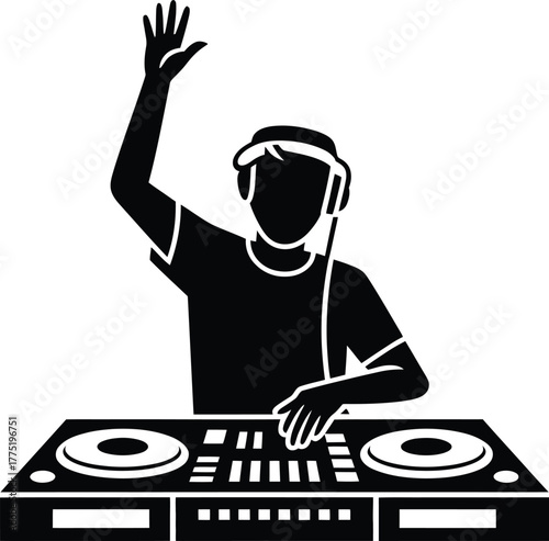 Dj with headphones mixing music silhouette isolated on white background