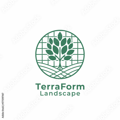 The “TerraForm Landscape” logo shows a green tree within a circular grid, symbolizing growth, sustainability, and harmony with nature and the environment.