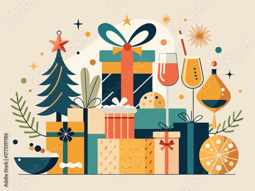 Retro Christmas tree bow illustration