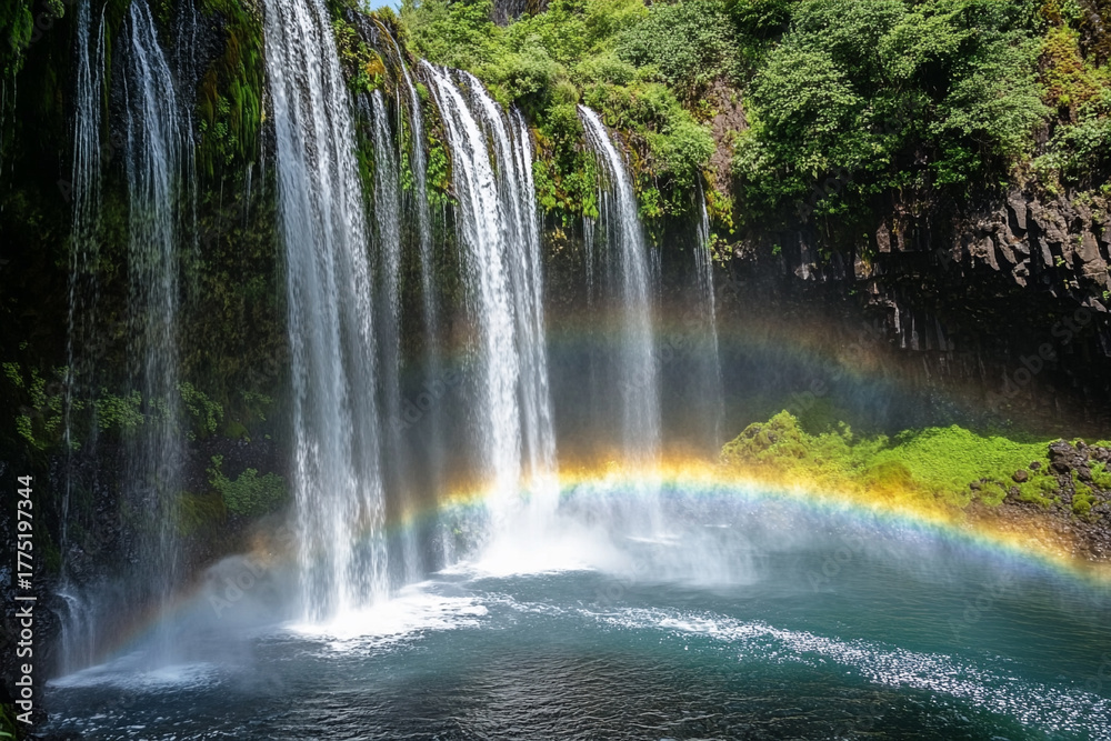 Obraz premium A rainbow appearing in the mist above a spring-fed waterfall