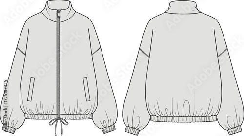 Cad drawing flat vector illustration of a modern windbreaker jacket, fashion technical sketch, front and back view, unisex design
