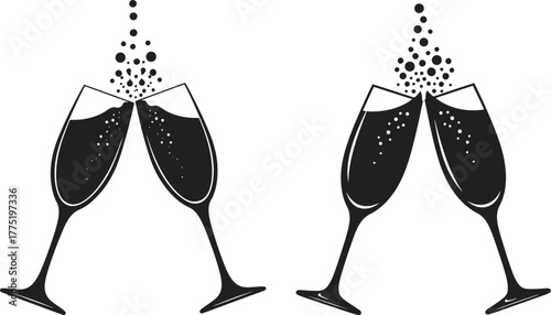 Two pairs of champagne glasses clinking silhouette