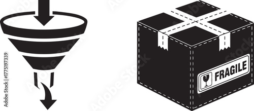 Black and White Vector Icons: Funnel Filtering and Fragile Shipping Box