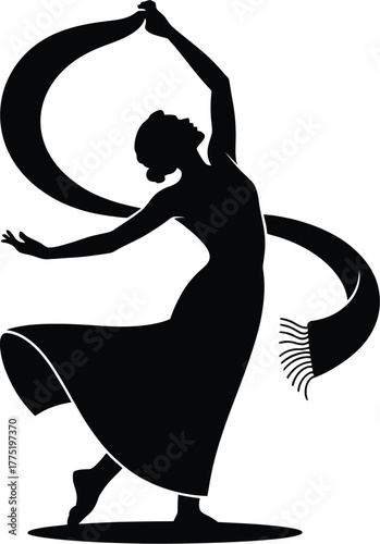Silhouette of a woman dancing with a flowing scarf isolated on white background