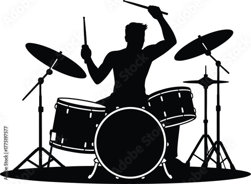 Silhouette of a drummer playing drums isolated on white background
