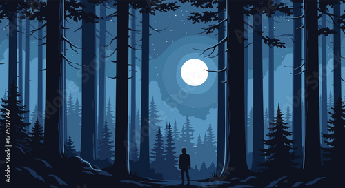 A solitary figure stands in a dark, pixelated forest under a bright full moon.