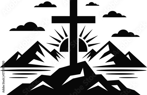 Christian cross silhouette on mountain sunrise isolated on white background