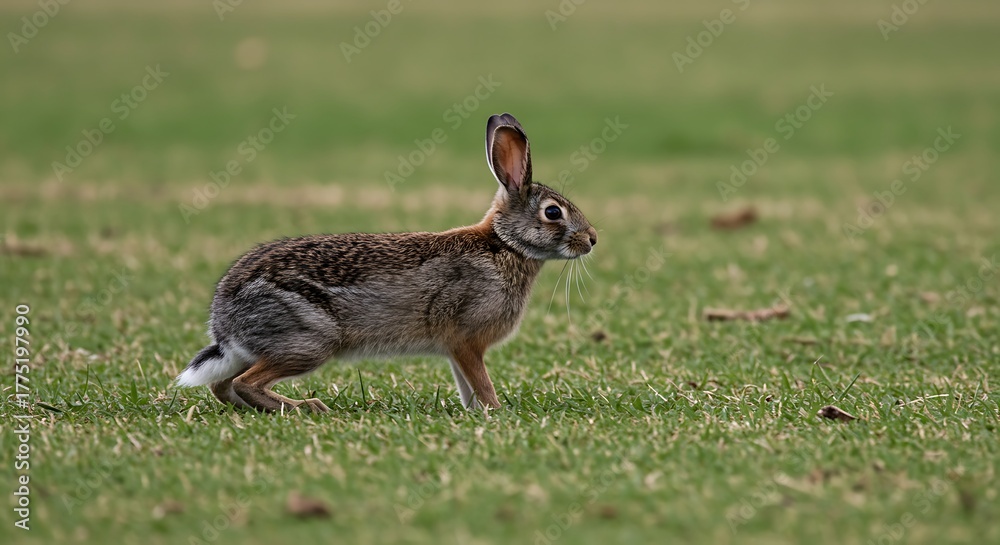 Fototapeta premium A wild rabbit with long ears on a grassy field, alert and moving