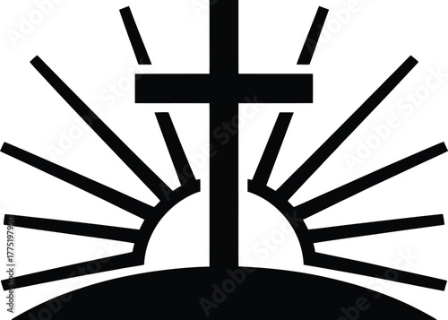 Christian cross silhouette rising sun isolated on white background