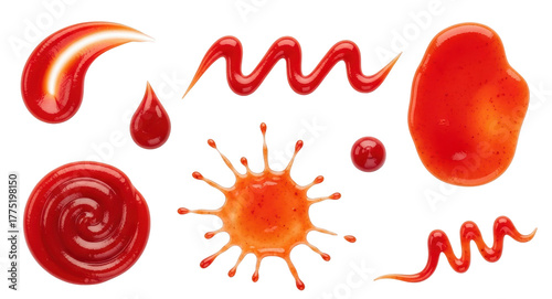 Red Tomato Sauce Splatters Drips Swirls And Wavy Lines Arranged Artfully On A Transparent Background Isolate Ketchup Food Condiment Liquid Organic Fresh Messy